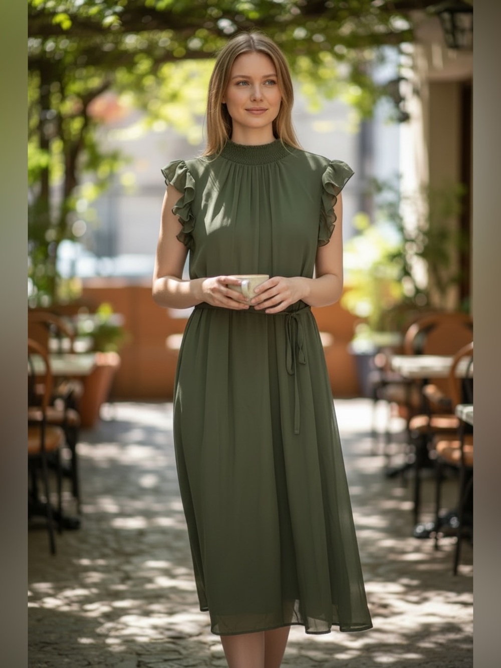 NWT Nina Leonard Olive Green Chiffon Ruffle Sleeve Midi Dress | Size XL | Belted